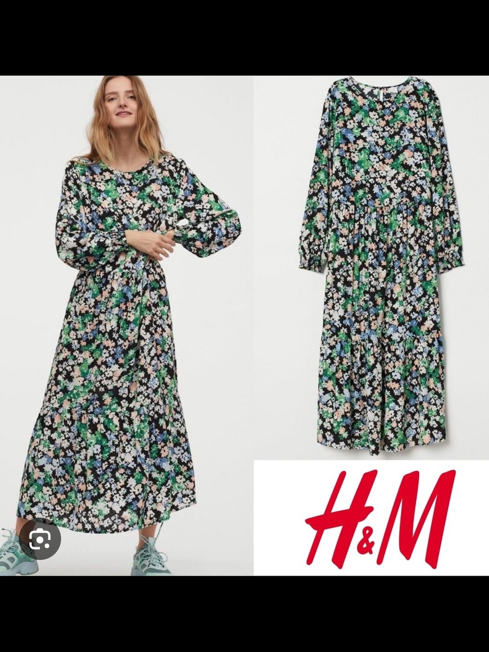 Women's H&M Floral Tiered Long Sleeve Dress - Black Multi - Picture 3 of 3